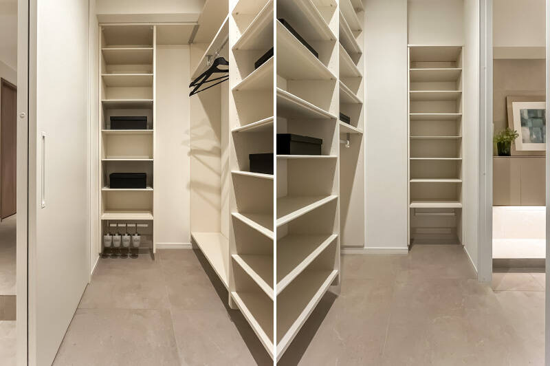 玄関には、大きなシューズインクローゼット(SIC)を完備。家族全員の靴はもちろん、アウターやファッションアイテム、ベビーカーやアウトドア用品なども収まりそうなサイズ感です。