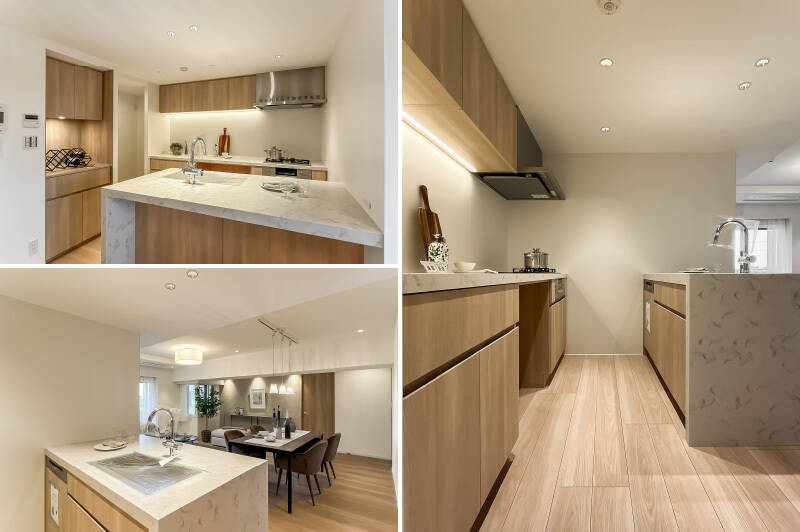 大理石調のカウンタートップが美しいシステムキッチンは、まるでスタジオのような存在感。3口コンロタイプで食洗機付きです。