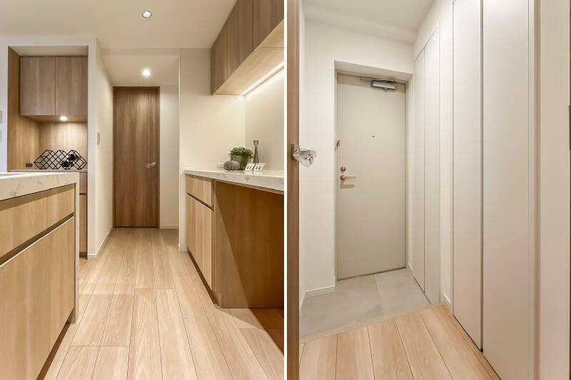 さらにキッチン横の扉を開けると、勝手口へとつながる通路が。買い物から帰ってきて直接キッチンへ荷物を運び込むことができる、気の利いた動線を確保しています。