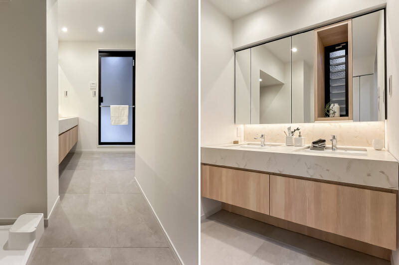 洗面室には、忙しい時間帯にもふたり並んで身支度ができるツーボウル仕様の洗面化粧台を採用。脱衣スペースも広めに確保しています。