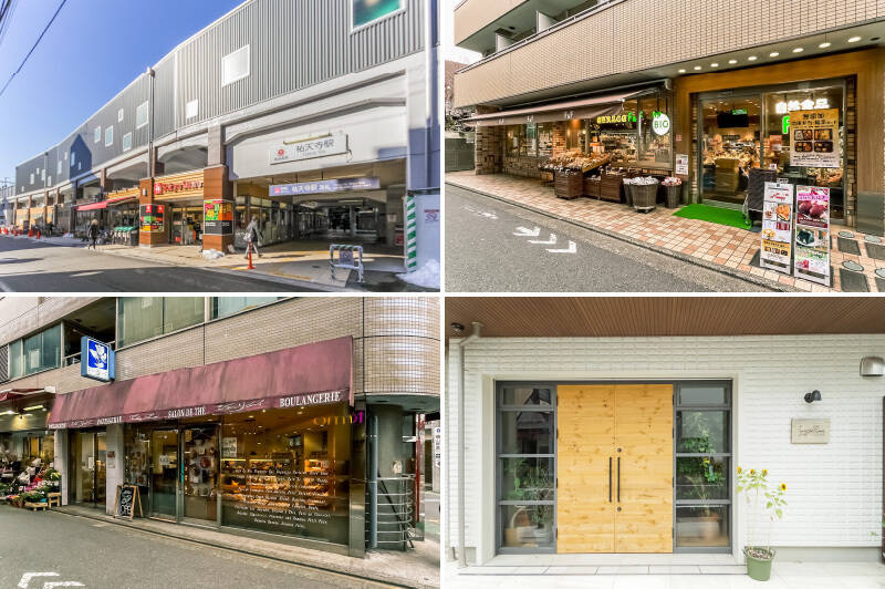 <b>左上・</b>最寄りの「祐天寺」駅には、スーパー「祐天寺東急ストア」が直結。7時から24時まで営業する強い味方です。(徒歩2分)/<b>右上・</b>オーガニックや無添加にこだわるなら、「自然食品F&F 祐天寺店」もおすすめ。全国各地の直接契約農家の新鮮な野菜・お米をはじめ、調味料やお弁当・お惣菜などが揃います。(徒歩3分)/<b>左下・</b>駅の西口にある「シェ・リュイ 祐天寺店」は定番ベーカリー。ケーキや焼き菓子も販売しています。(徒歩4分)/<b>右下・</b>食を通じた体感型の輸入販売店「Longfellows Tokyo(ロングフェロウズ トウキョウ)」。お昼からの角打ちも楽しめます。(徒歩2分)