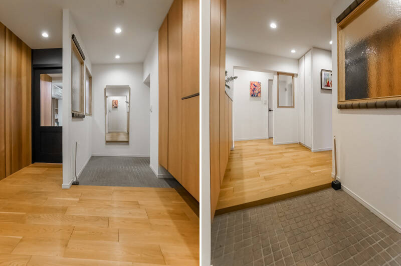 ゆとりのある玄関。室内窓からはLDKの光が入ってくるので、明るい印象です。シューズボックスや収納が豊富に備わっているので、玄関周りはすっきり広々と使えそう。