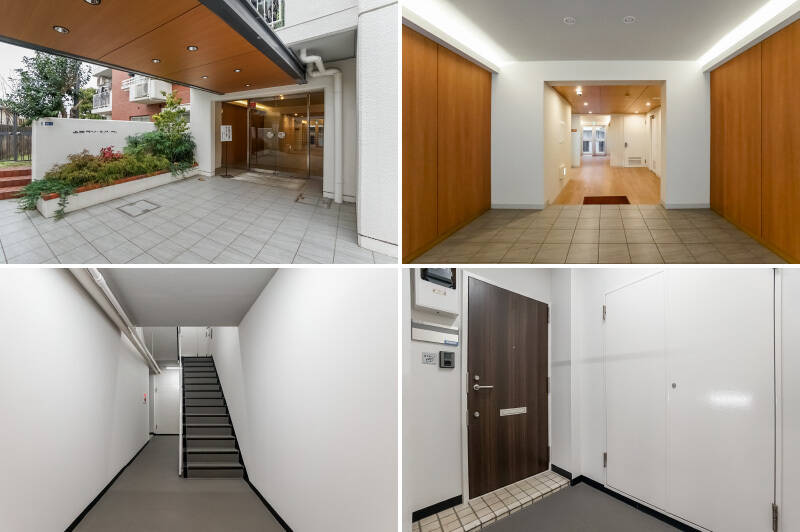 <b>左上・</b>エントランスではグリーンがお出迎え。／<b>右上・</b>木目があしらわれた、あたたかい雰囲気の共用部。／<b>左下・エレベーターはないため、住戸のある4階までは階段を使って上ります。</b>／<b>右下・</b>4階は今回ご紹介した物件のみで、プライベートが確保されています。2020年には玄関扉の改修工事が実施されており、新しい扉に交換されていますよ。