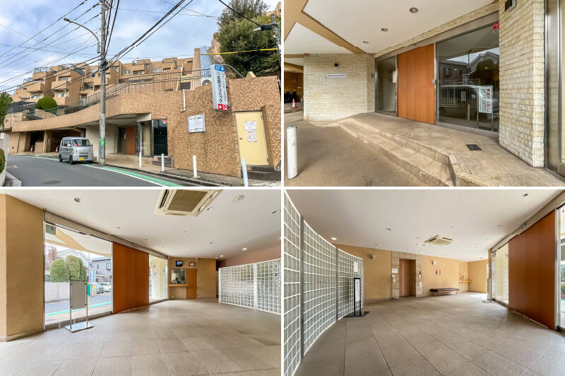 <b>左上・</b>このエリアのシンボルとも言える、ひな壇型マンションに到着。1982年竣工、全129戸。/<b>右上・</b>きれいに修繕されたエントランス。/<b>左下・</b>管理人さんは週6日の勤務です。ガラスブロックの裏に集合ポストがあります。/<b>右下・</b>さて、エレベーターに乗りましょう。