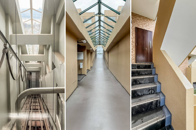 <p><b>左・</b>斜行エレベーターの内部より。三角屋根の窓から街並みが見え、ぐんぐん上る感覚にワクワク!/<b>中央・</b>エレベーターを降りた後、長い共用廊下を進みます。/<b>右・</b>階段を上り住戸に到着。ドアは珍しい木目調です。</p>