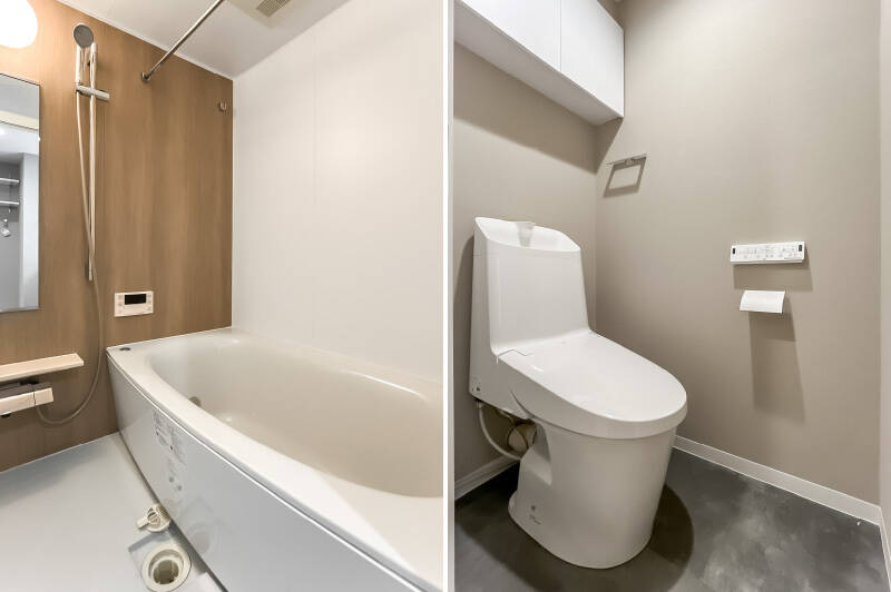 <b>左・</b>ユニットバスは1416サイズ。浴室暖房乾燥機付きです。/<b>右・</b>トイレは廊下沿いに。