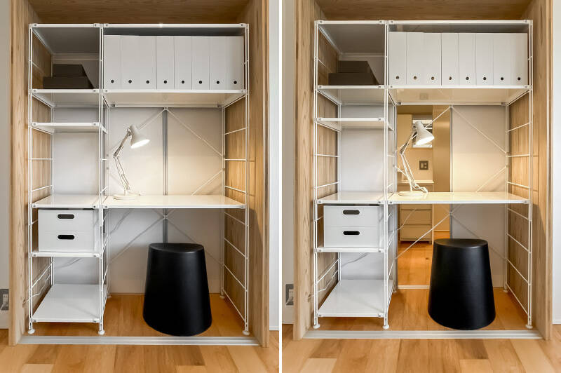 <b>左・</b>洋室Bには、木で囲まれたワークスペースを設置。／<b>右・</b>引き戸で完全に仕切り、収納スペースとしても活用可能。引き戸を外せば、奥に見える洗面や廊下まで行き来できる動線になります。