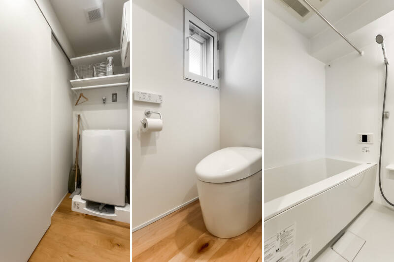 <b>左・</b><b>中央・</b>脱衣室には、洗濯機置き場とタンクレストイレを配置。トイレは仕切りがないため、気になる方はご留意ください。／<b>右・</b>ユニットバスは浴室乾燥機を備えています。