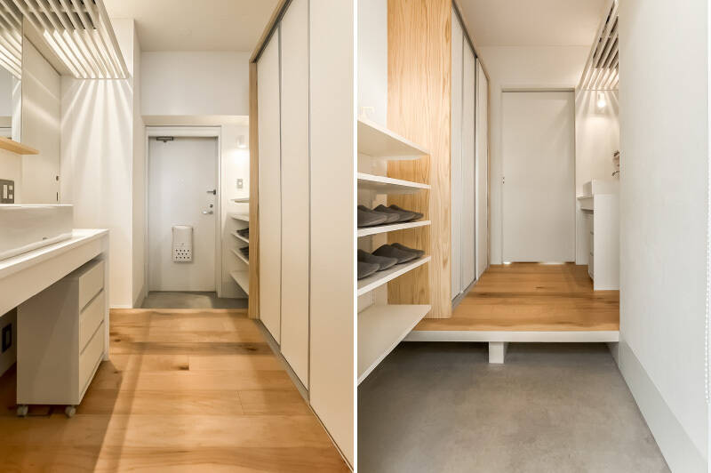 靴収納はオープンタイプ。段差のある上がり框に腰掛けて、靴を履くこともできそうです。