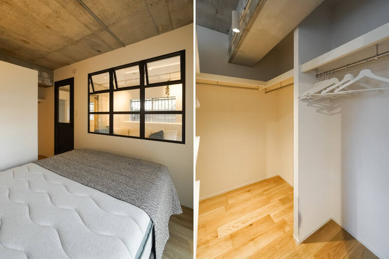 <b>左・</b>大きな室内窓は上段のみ開閉可能です。空気の入れ替えも簡単◎／<b>右・</b>ドアの反対側には、セミオープンなウォークインクローゼット（WIC）が備わっています。3面に棚やハンガーがあり、頼もしい収納量です。