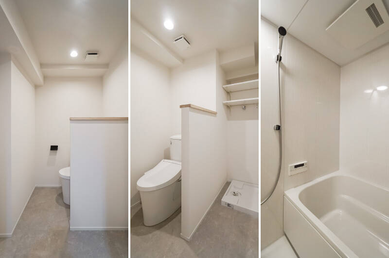 <b>左・中央</b>／洗濯機置き場を兼ねた脱衣エリアとトイレは、海外風の2in1スタイルです。ゆるくつながっていますが、絶妙な幅の壁で目隠しされているので慣れれば気にならないカモ。／<b>右・</b>バスルームはコンパクトなので、普段はシャワー派という方におすすめです。