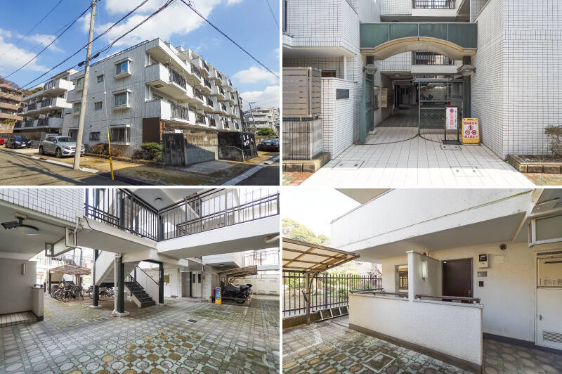 <p><b>左上・</b>マンションは1985年築で、総戸数は47戸あります。／<b>右上・</b>アイアンのゲートがちょっとクラシカルな雰囲気のエントランス。管理人さんは週3日、午前中のご勤務です。／<b>左下・</b>エントランスの先は大きな吹き抜けになっていて、駐輪場を囲むように住戸が並んでいます。／<b>右下・</b>1階のいちばん奥に位置しているのがご紹介の住戸です。外壁や玄関扉には少々経年を感じるので、今後の修繕計画には目を光らせておきたいところですね。</p>