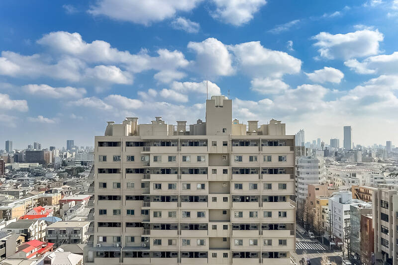 <p>遠くには「新宿」の東京都庁舎がちらり。正面に見えるのは、同じ道路沿いに建つマンションです。距離は保たれているので、圧迫感はそこまで気になりませんでしたよ。</p>