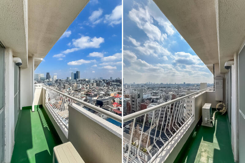 <p>左右方向は比較的開けており、遠方まで見渡せる眺望です。バルコニーには物干し金具がないため、浴室乾燥機の使用や、置き型の物干しスタンドの設置をご検討ください。</p>