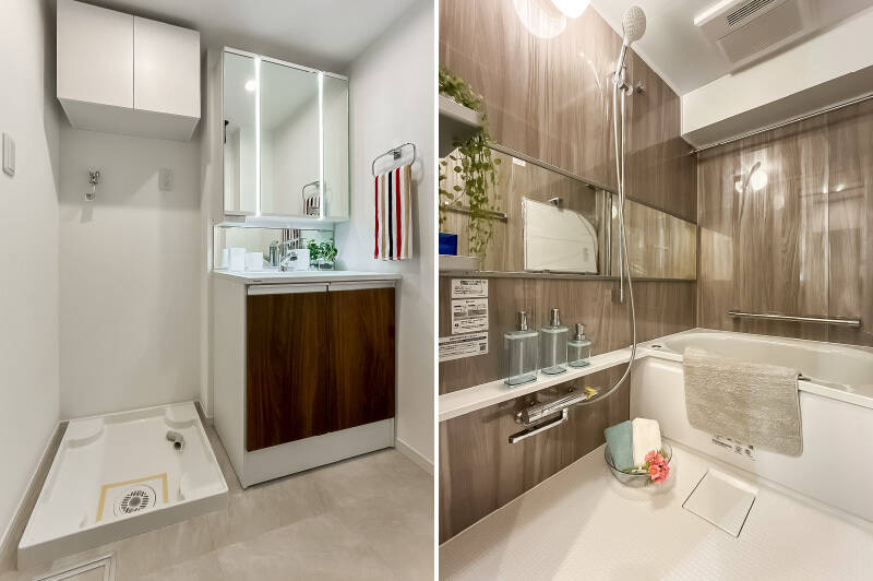 <b>左・</b>洗面化粧台の隣に洗濯機置き場を配置。上部には扉付きの収納棚があります。／<b>右・</b>バスルームは浴室乾燥機付きで、サイズは1116と浴槽はややコンパクトです。