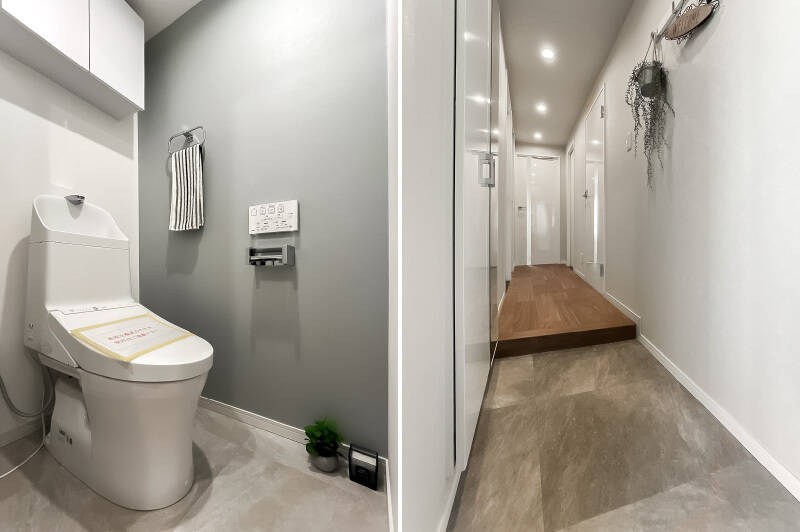 <b>左・</b>吊り戸棚付きのトイレ。／<b>右・</b>玄関から続く廊下の右側に、水まわりを集約。左側には洋室Bと、廊下沿いに扉一枚分の収納があります。