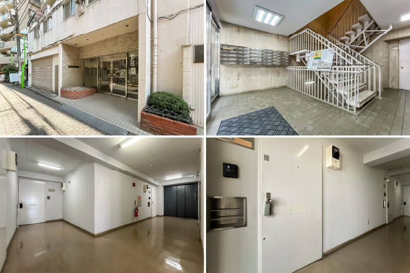 <b>左上・</b>大通りから一本細道に入ったところに、住民用のエントランスがあります。／<b>右上・</b>建物内に入るとメールボックスと階段のあるエントランスホールが。階段で2階まで上がると、管理人室とエレベーターホールがあります。／<b>左下・</b>エレベーター停止階は2〜14階で1階には止まらないため、外に出るには階段を必ず使うことになります。／<b>右下・</b>今回の住戸の玄関です。