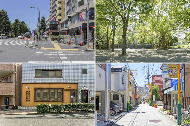 <b>左上・</b>マンションから出てすぐの横断歩道ですが、もう東京メトロ丸ノ内線「東高円寺」駅が視界に。徒歩1分、小走りだと30秒くらいかもしれません……！ ／<b>右上・</b>「蚕糸の森公園」には水辺や広場などがあり、とても広々！ 駅近という便利な立地にあるのもうれしいですね。時々フリーマーケットなどのイベントも開催されるので、週末の定番お散歩コースにどうぞ♪ （徒歩2分）／<b>左下・</b>手打ち蕎麦を提供する「瓢（ふくべ）」は昼はランチ、夜はおつまみとお酒を楽しめるお店です。日本酒をちびちびやりながら、締めに蕎麦は最高ですね。（徒歩2分）／<b>右下・</b>「東高円寺駅通り商店街」通称 “ニコニコロード” は、「青梅街道」から北へ伸び「大久保通り」へと続く、生活に根ざした商店街。餅つき大会などのイベントも、開催されているようです。（徒歩1分）