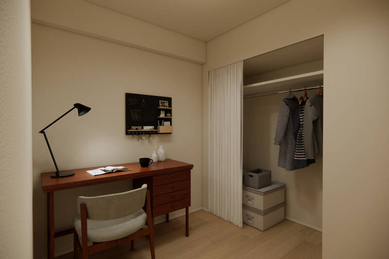 壁面にはオープン収納が備わっています。コンパクトな広さなので、書斎スペースにぴったり!