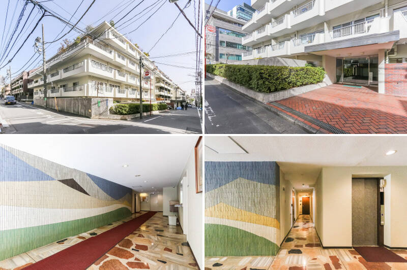 1974年に竣工した、落ち着きある佇まいのマンション。丁寧に手入れされた植栽や、共用ロビーのタイル壁面と石張りの床など、年月を重ねても変わらない上品さです。エントランスには<b>オートロックと宅配ボックスが備わっています</b>。