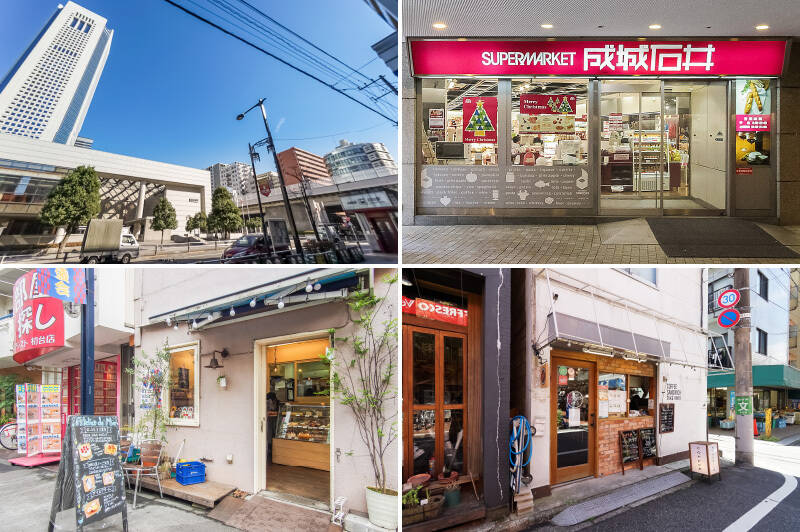 <b>左上・</b>「初台」駅直結の複合施設「東京オペラシティ」は地域のシンボルです。コンサートホールやギャラリーも設置されており、気軽にアートに親しめる環境ですよ。(徒歩4分)/<b>右上・</b>オペラシティには「成城石井 オペラシティ店」をはじめとしたテナントが入居しています。初台駅からの帰り道のお買い物はこちらで。(徒歩5分)/<b>左下・</b>可愛らしい店構えの「Atelier de Mar(アトリエ・ド・マー)」は駅からも近く、つい帰りに立ち寄りたくなるお店です。特に自家製タルトが絶品♡(徒歩8分)/<b>右下・</b>「GET BETTER coffee&sandwich(ゲットベター コーヒーアンドサンドウィッチ)」は、美味しいホットサンドや焼き菓子をいただけるコーヒースタンド。お買い物ついでにテイクアウトはいかがでしょうか♪(徒歩11分)