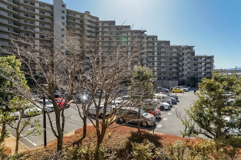 同マンションの別棟が見えますが、広大な敷地内駐車場や植栽によって圧迫感はありません。