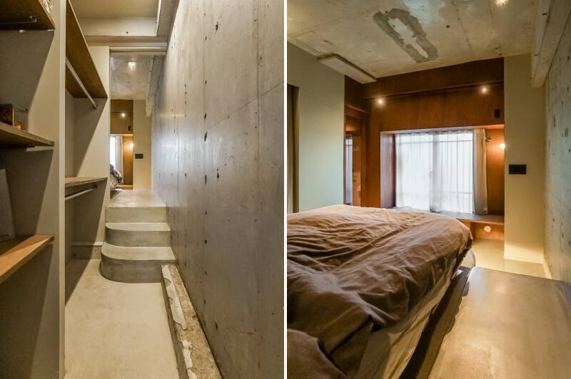 <b>左・</b>デスク横を抜けるとウォークスルークローゼット（WTC）が出現。手前に可動棚、奥にハンガーパイプが上下に備わっています。／<b>右・</b>階段を上った先が洋室A。