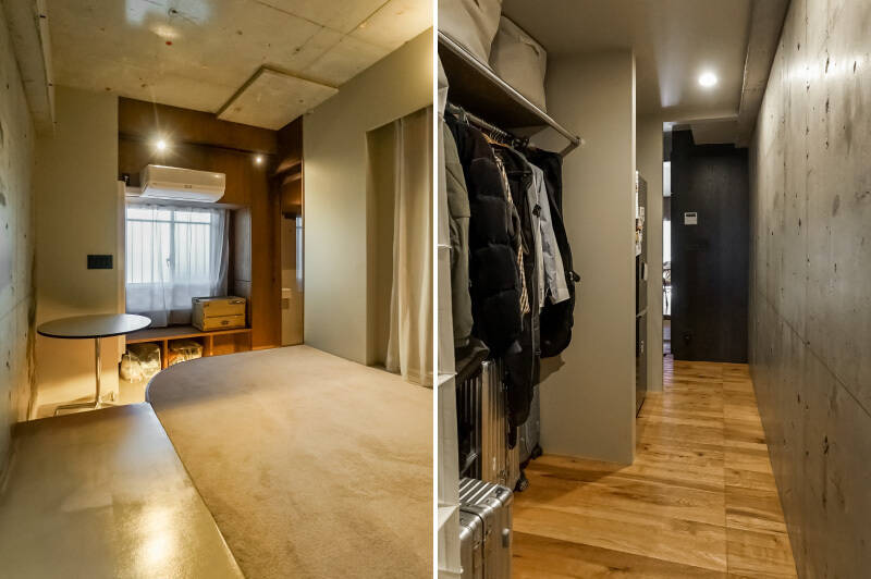 <b>左・</b>いずれの洋室も窓辺にはベンチが設けられており、下を収納として使えます。／<b>右・</b>こちらもLDKへと通り抜け可能なWTC付き。キッチン側に冷蔵庫置き場が配されています。