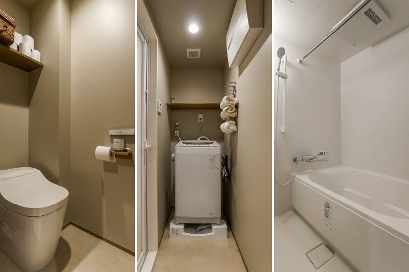 <b>左・</b>洗面スペースの横にあるトイレ。／<b>中央・</b>洗面を廊下に出した分、脱衣室には洗濯機置き場のみ。／<b>右・</b>真っ白で清潔感のあるユニットバスは1416サイズ。