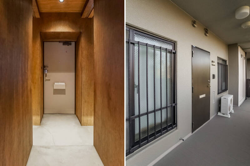 <b>左・</b>横長に伸びた土間は洋室A・Bまで続いていますが、いずれも引き戸で個室化することが可能です。／<b>右・</b>ご紹介した住戸の玄関ドア。窓には面格子が付いています。