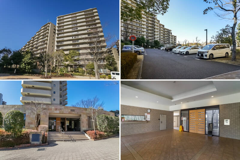 <b>左上・</b>1999年竣工で、広大な敷地に3棟が建っています。今回ご紹介する住戸がある棟だけでも、101戸という規模感です。キッズルームや多目的ルーム、集会室があるなど共用施設が充実。管理人さんは週7日いらっしゃり、中でも平日は3人交代制で8時から20時まで勤務と手厚い体制です。／<b>右上・</b>駐車場は452台分用意されており（内11台は来客用）、1台目は月額2,000円、2台目からは月額6,000円で利用可能です。最新の空き状況や区画はお問い合わせください。／<b>左下・</b>ご紹介した棟のエントランス。／<b>右下・</b>オートロックや宅配ボックスが備わっています。