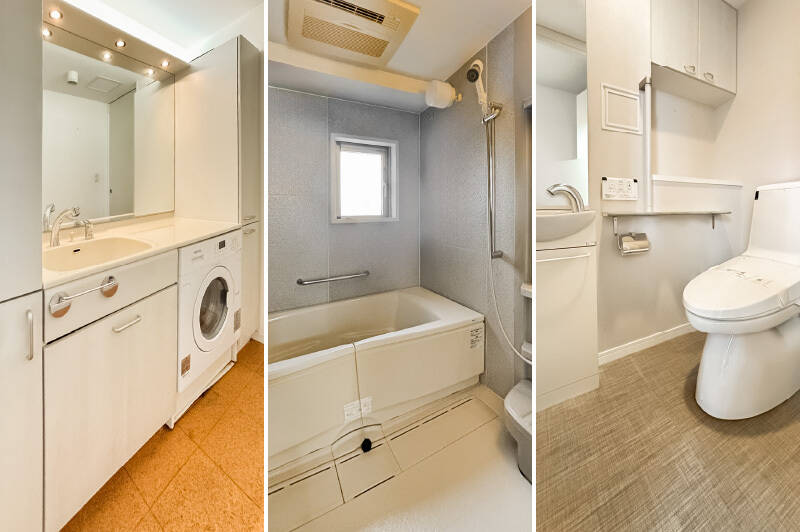 <b>左・</b>バスルーム前の脱衣室とは別に、洗面室があります。スペースはゆったりしていて、備え付けの収納もたっぷり。カウンター下には洗濯機が設置されており、どこか海外の住まいのような雰囲気です。／<b>中央・</b>バスルームはゆとりのある1620サイズ。北側のルーフバルコニーに面して窓があり、換気もしやすそう◎／<b>右・</b>手洗いカウンターが付いたトイレ。こちらも空間が広めに確保されています。