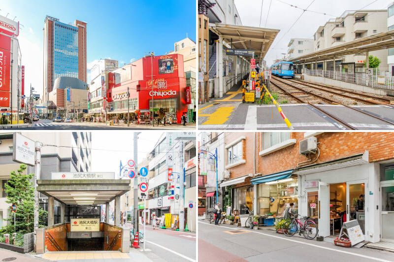 <b>上・</b>／東急田園都市線「三軒茶屋」駅まで徒歩13分。街のシンボル ”キャロットタワー” 足元には、東急世田谷線乗り場が。／<b>下・</b>東急田園都市線「池尻大橋」駅まで徒歩12分。駅周辺には商店街や緑道が広がります。「渋谷」駅からたった一駅です。