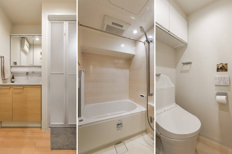 シンプルな水まわり。1216サイズのユニットバスは、浴室乾燥機と追い焚き機能を完備。