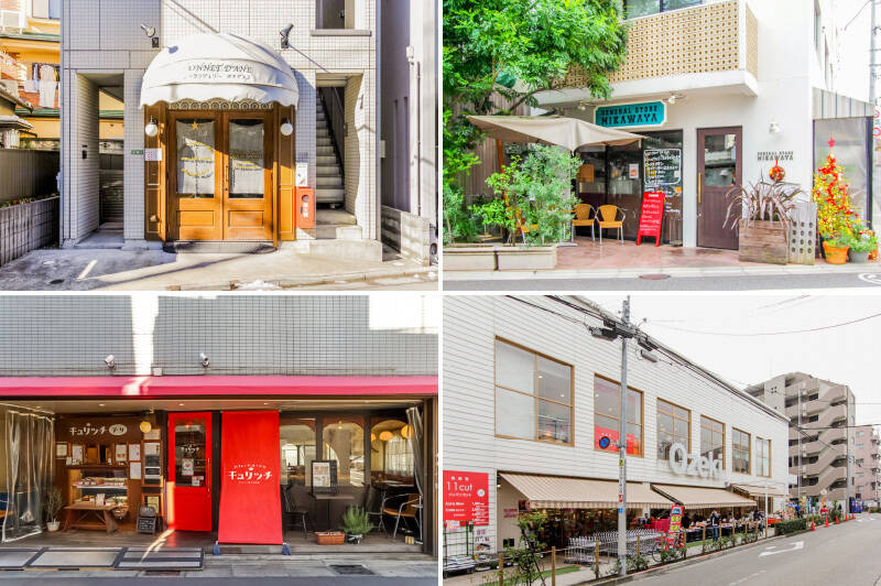<b>左上・</b>徒歩2分の「ブーランジェリー ボネダンヌ」は、フランス仕込みの人気ベーカリー。同店が手掛けるクレープ屋「ラ クレープリー ボネダンヌ」には、売主さまも在宅勤務の合間によく立ち寄っているそうです。／<b>右上・</b>カフェ風の外観が可愛らしく、気軽に訪れたくなるフレンチ「General Store Mikawaya（ジェネラルストア ミカワヤ）」。（徒歩7分）／<b>左下・</b>「キュリッチ」は、お酒とともにスペイン風の料理をいただけるお店。デリ販売も行っているので夜ご飯の一品に加えてみては。（徒歩1分）／<b>右下・</b>「オオゼキ池尻店」までは徒歩5分。「オーケー 池尻大橋店」も近く、食材調達には困らなさそうです。