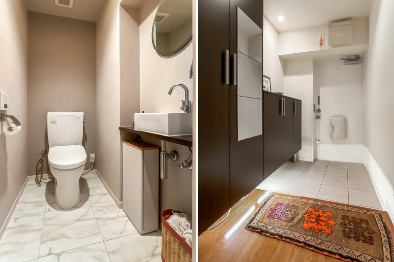 <b>左・</b>手洗いカウンター付きのトイレ。/<b>右・</b>下足入れはカウンタータイプとトールタイプが並び、収納力アリです。