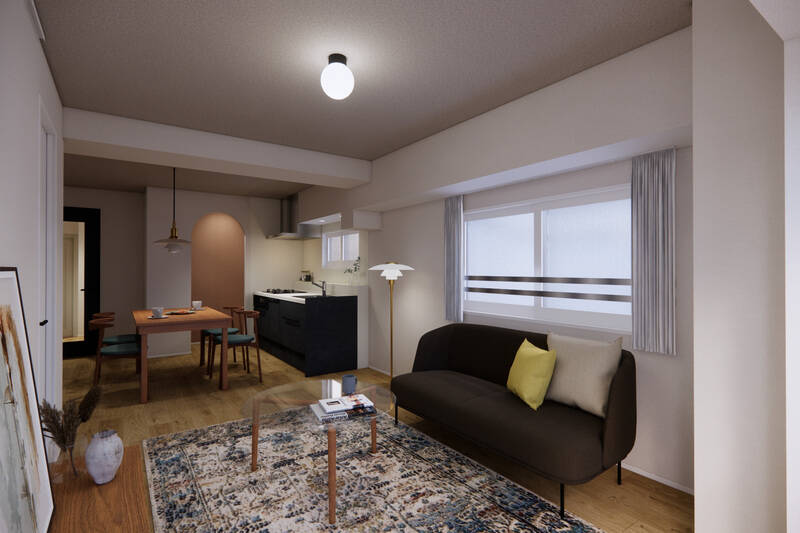 西向きの窓を背にしたカット。温かみのあるフローリングや天井のクロスなど、空間の質感を高めるこだわりを散りばめています。