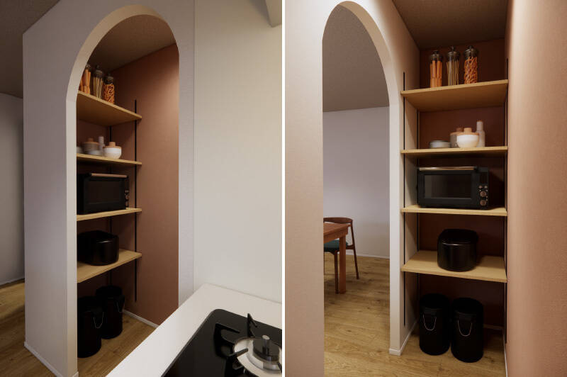 キッチン横には、入り口をアーチ状にデザインしたパントリーを配置。遊び心のある曲線が、シンプルな空間にやさしげなアクセントを添えています。