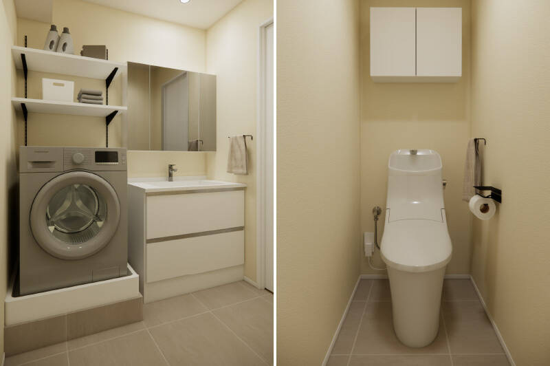 <b>左・</b>シンプルな洗面台と、その横に並ぶ洗濯機置き場。/<b>右・</b>トイレは玄関近くからアクセス可能。上部には吊り戸棚があります。