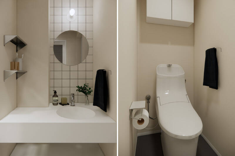 左・コンパクトな洗面台。丸鏡、タイル貼りでかわいらしい雰囲気に。朝の身支度も気分があがりそう♪ /右・トイレは洗面室からアクセスできます。