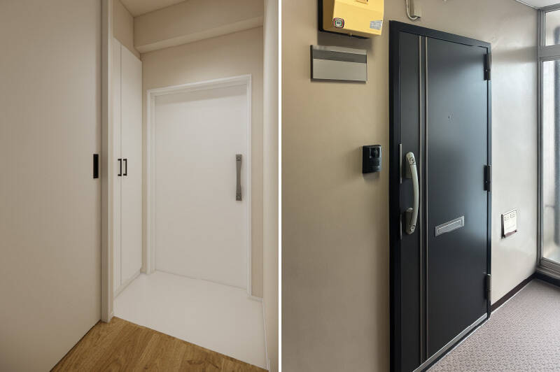 玄関横には下足入れがあります。内装と合わせて白を基調としており、住戸内全体で統一性を感じられます。