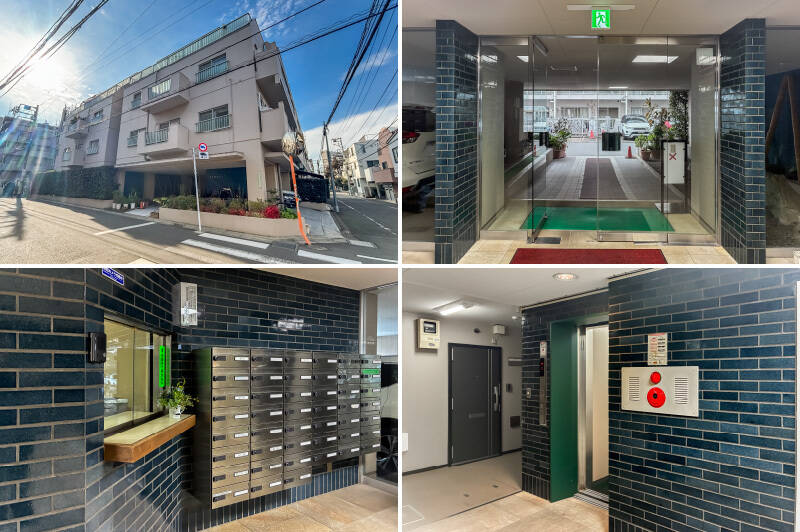 1976年竣工。エントランスを抜けると、青色のタイル貼りがレトロでかわいらしい共用ロビーが! 週5日(月火水木土)の8時〜12時で清掃員さんが勤務されています。