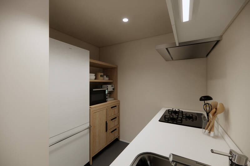 後ろには冷蔵庫、収納家具を置けるスペースがあります。