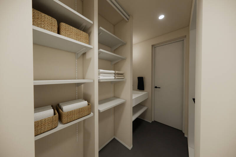 ゆったりとスペースを確保した洗面室。壁には可動棚を設置。ロールカーテンが付いているので、普段は隠しておけば、生活感を抑えられますよ。