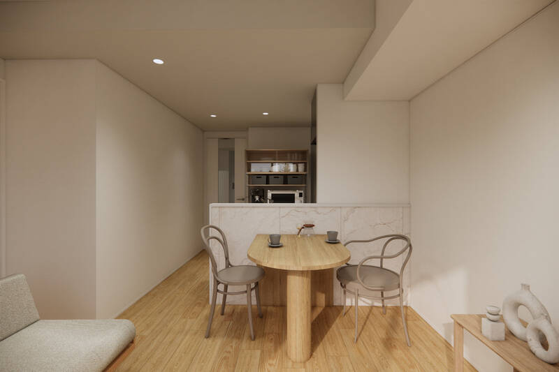 約10帖のLDK。内装は白を基調とし、床にはオークの突板を採用します。照明は埋め込みタイプで、天井がスッキリとして洗練された印象に。