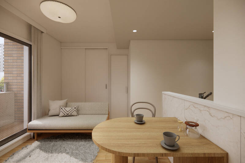 画像奥の引き戸の先は洋室Aです。お隣にコンパクトなリビング収納を設けます。