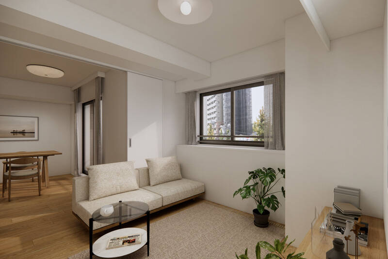 CGイメージのように、引き戸を開けてソファを配置し、LDKとひと続きにして使用することも可能です。広さは合計すると約16帖に。