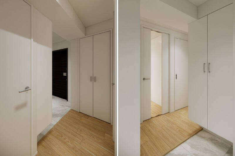 <b>左・</b>洗濯機置き場は両開き戸の中に。／<b>右・</b>玄関にはトールサイズの靴収納を設置します。