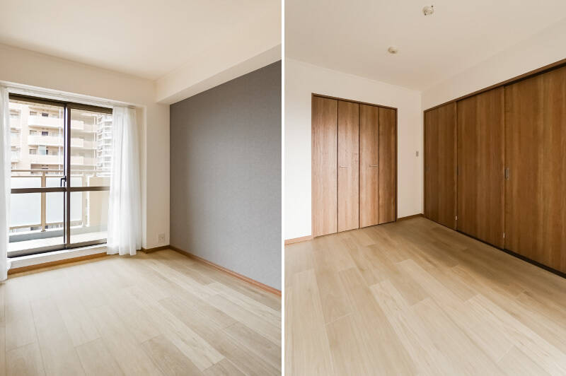 先ほどのバルコニーに面した洋室A。引き戸は床にレールがあるタイプなので、ぴったりと気密性高く閉まります。押入れのように奥行きの深いクローゼットが備わっているので、衣類の収納場所に困ることはなさそうです!