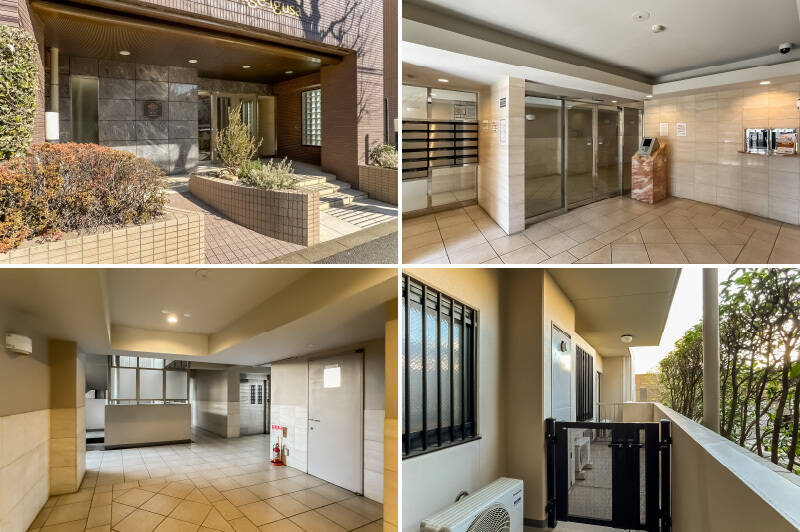 エントランスはオートロック・宅配ボックス付き。ご紹介する住戸は1階に位置する南西角部屋で、玄関前には専用ポーチが設けられています。